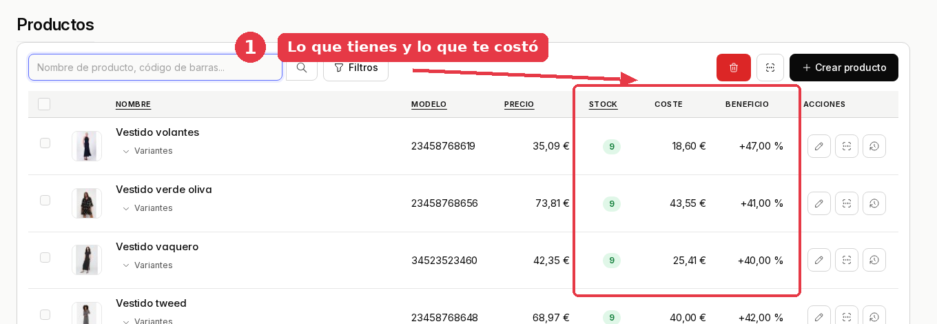 Listado de productos con las columnas stock, coste y beneficio: vestido volantes con 9 unidades, 18,60 euros de coste y un 47 por ciento de beneficio.