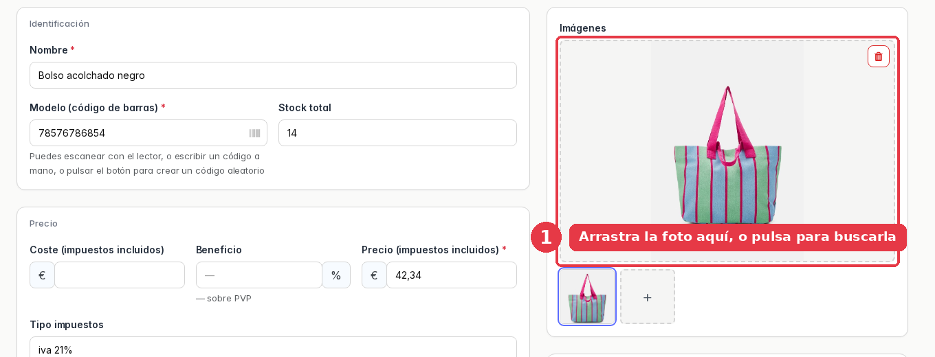 Ficha de producto con el recuadro de Imágenes señalado, a la derecha.