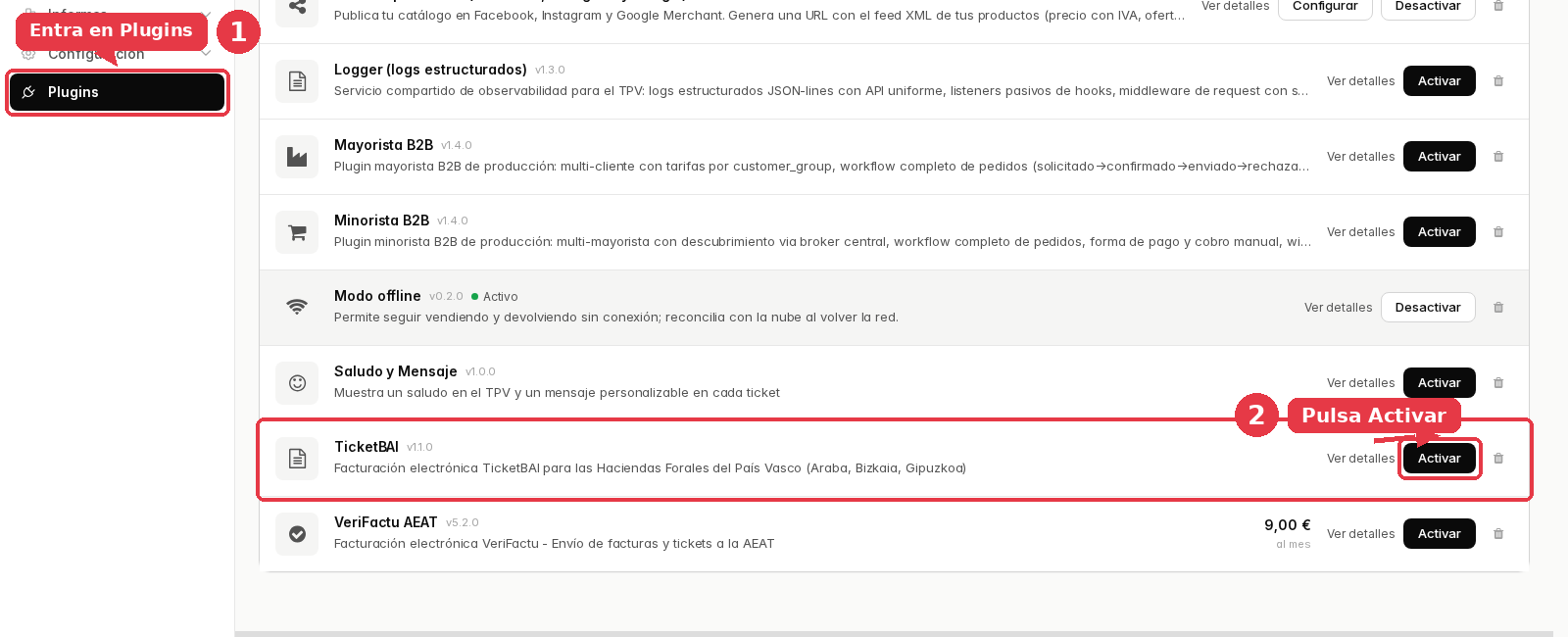 Lista de plugins instalados con la fila de TicketBAI y su botón Activar.