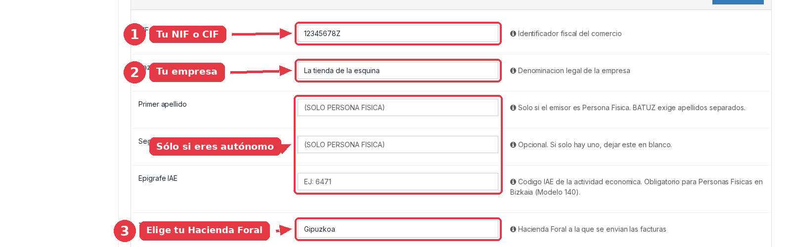 Pantalla de configuración de TicketBAI con los campos NIF/CIF, Razón social, los dos apellidos, el epígrafe IAE y el desplegable de Territorio Foral.