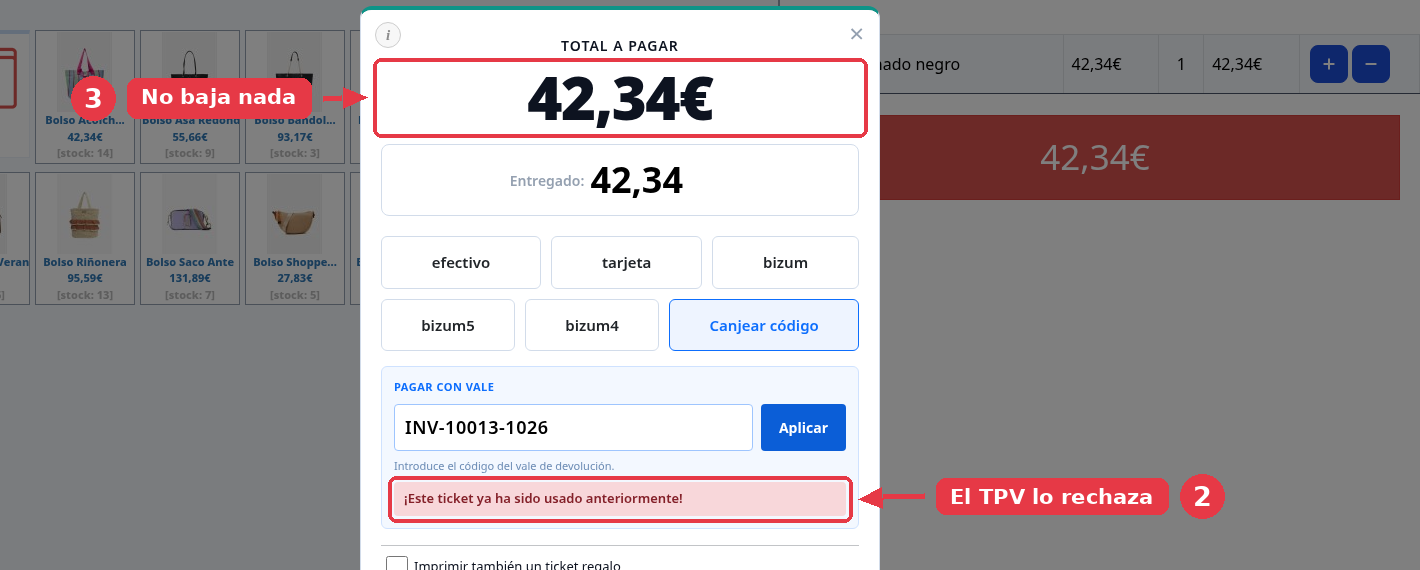 Aviso rojo «¡Este ticket ya ha sido usado anteriormente!» bajo el campo del vale, con el total a pagar intacto en 42,34 €.
