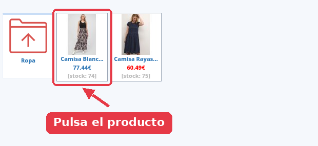Panel de productos con la ficha de la camisa blanca señalada.