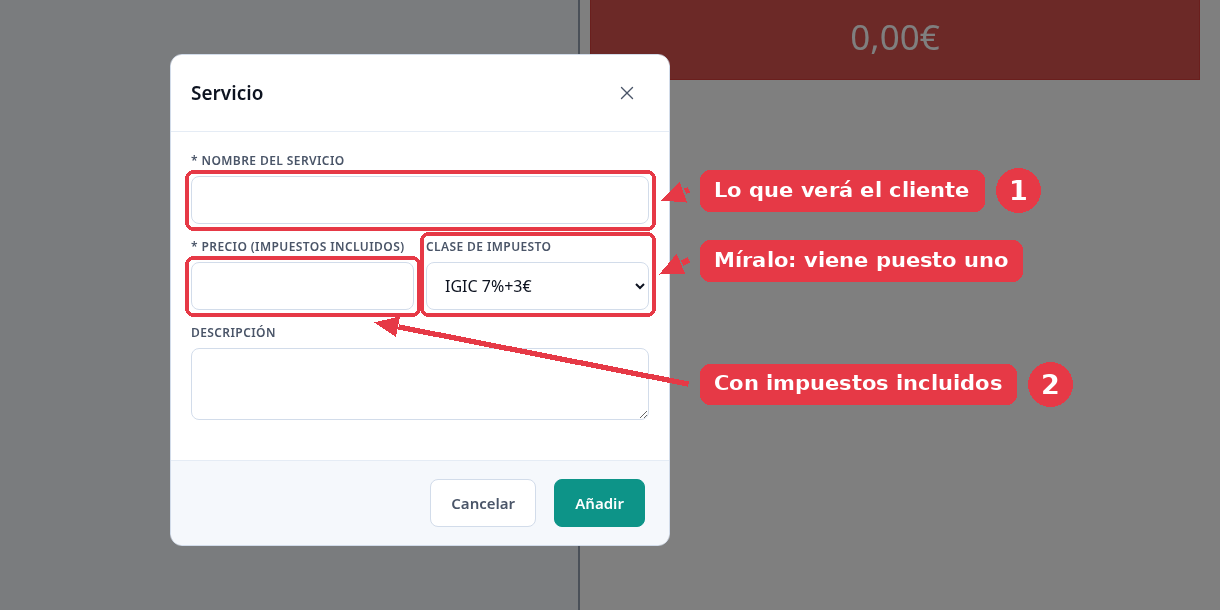 Formulario de servicio con los campos de nombre, precio, clase de impuesto y descripción.