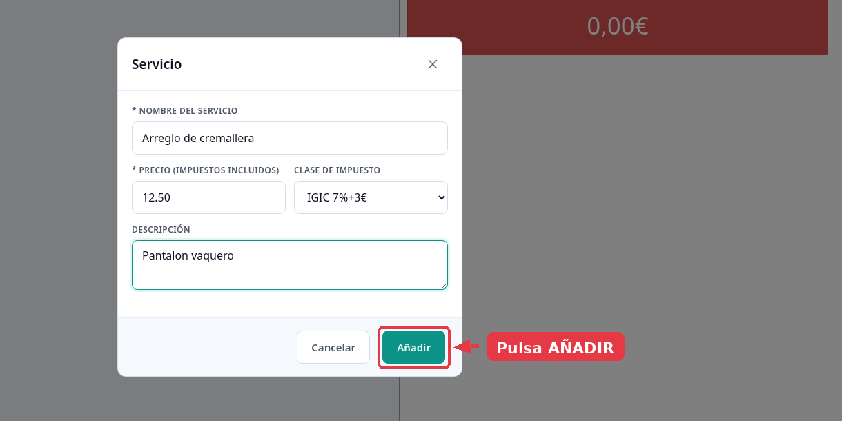Formulario de servicio relleno con el concepto y el precio, y el botón Añadir señalado.