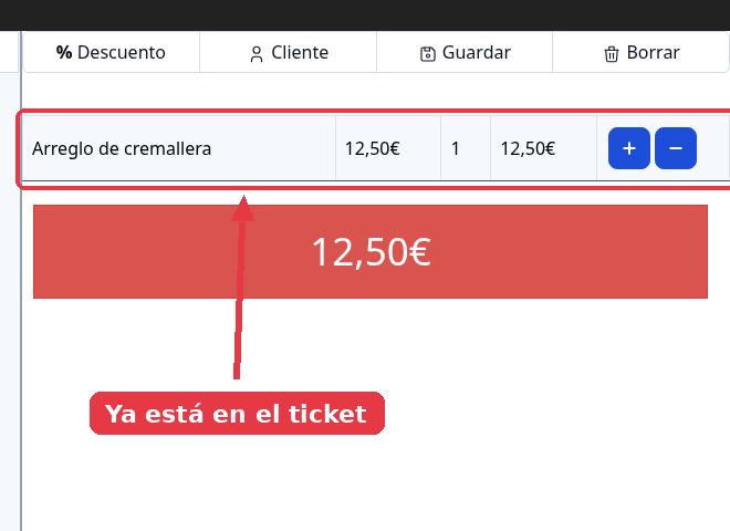Ticket con la línea del servicio Arreglo de cremallera a 12,50 euros y el total.