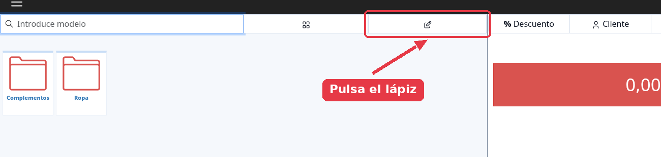 Barra superior del TPV con el botón del lápiz señalado, a la derecha del buscador.