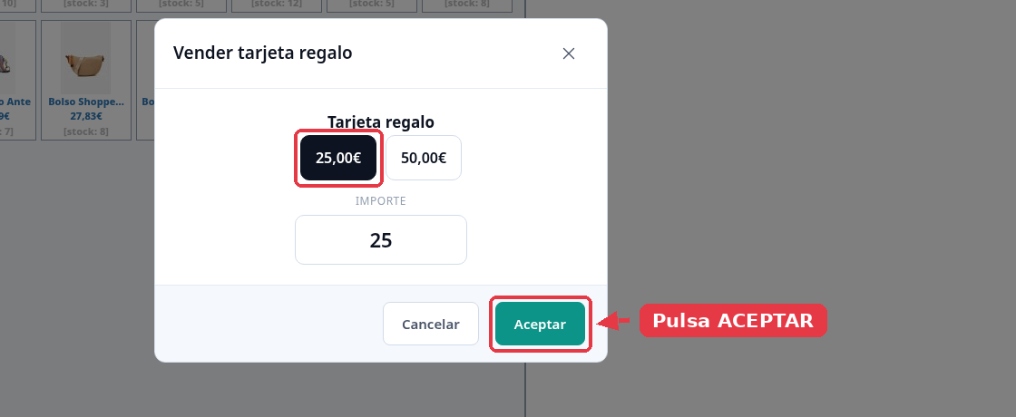 La misma ventana con el importe de 25 euros marcado y el botón Aceptar señalado.