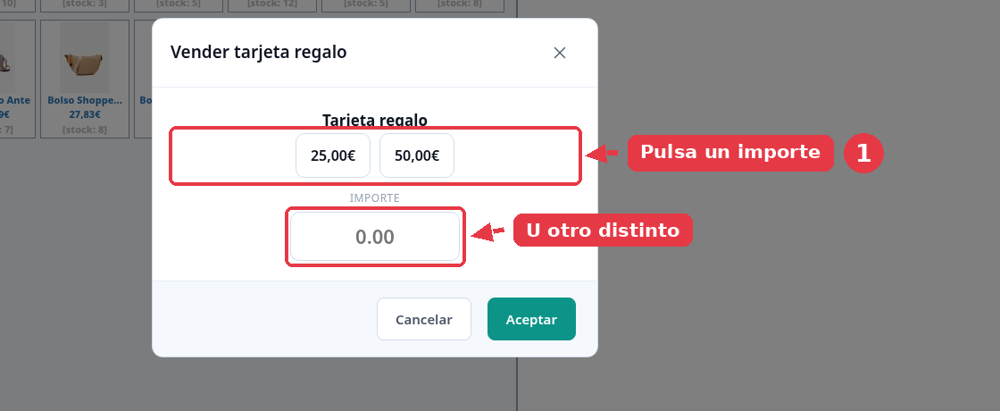 Ventana Vender tarjeta regalo con los importes de 25 y 50 euros y una casilla para escribir otro.