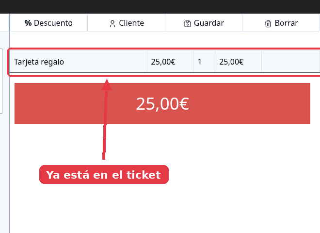 Ticket con la línea Tarjeta regalo de 25 euros y el total.