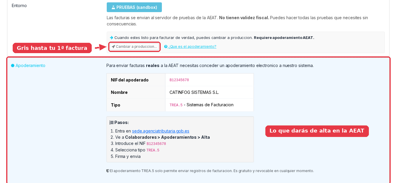 Entorno de PRUEBAS con el botón Cambiar a producción en gris, y debajo los datos del apoderamiento TREA.5 con los pasos para darlo de alta en la AEAT.