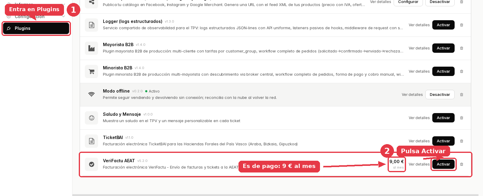 Lista de plugins instalados con la fila de VeriFactu AEAT, su precio de 9,00 € al mes y el botón Activar.