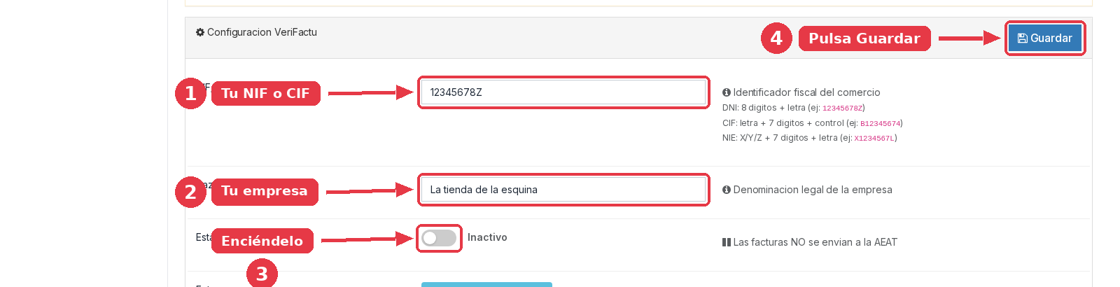 Pantalla de configuración de VeriFactu con los campos NIF/CIF y Razón social, el interruptor Estado del sistema y el botón Guardar.
